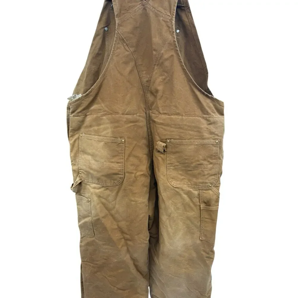 Carhartt Bib Overalls Duck Canvas Red Quilt Lined Double Knee R02BRN 46 X 34‎